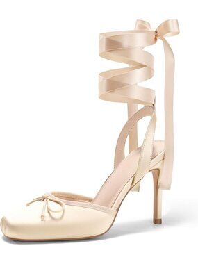 Women's Champagne Satin Closed Square Toe Ballerina Heels Lace Up Bow Pump Shoes